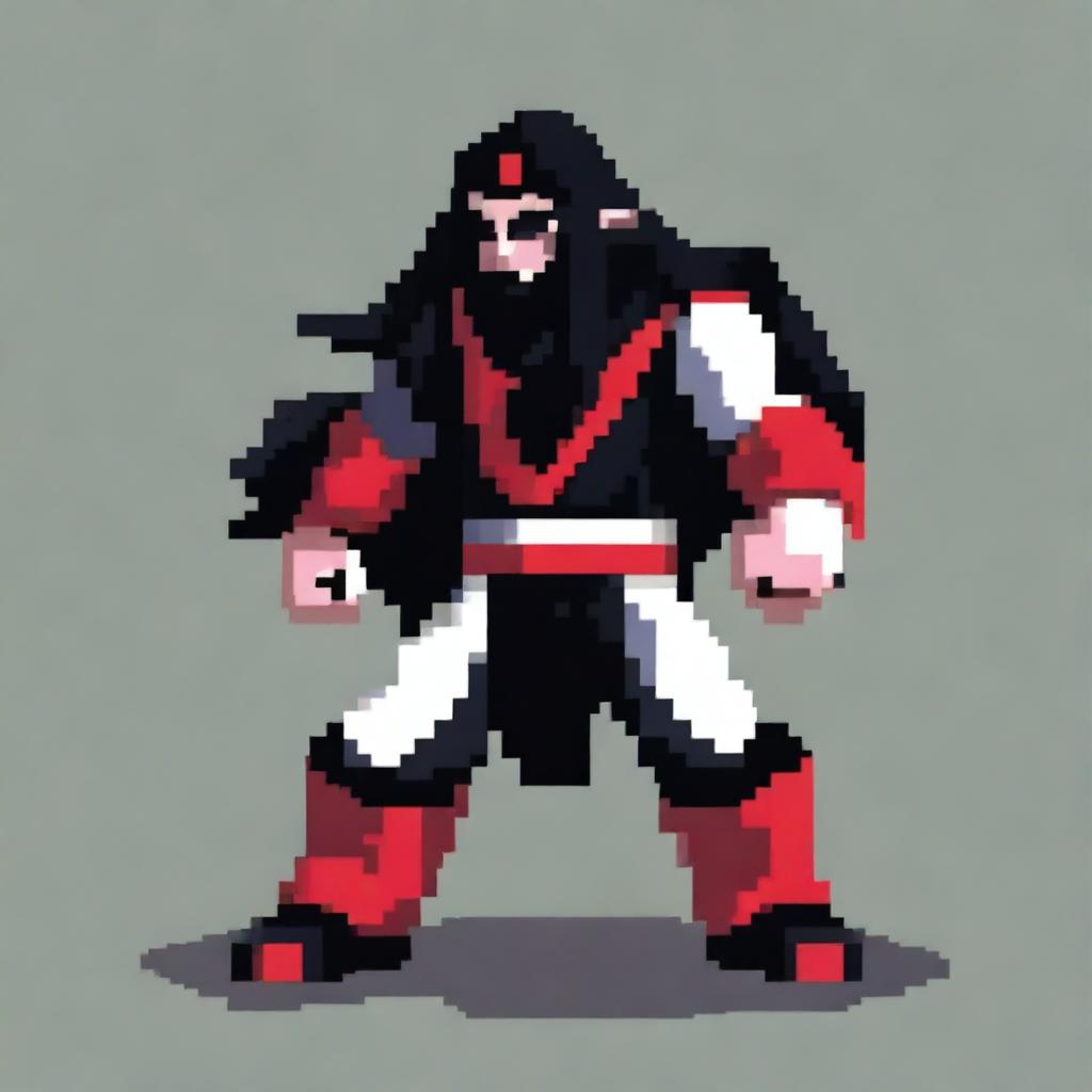 A character in an intimidating pose, wearing black, white, and red clothing