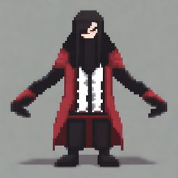 A character in an intimidating pose, wearing black, white, and red clothing