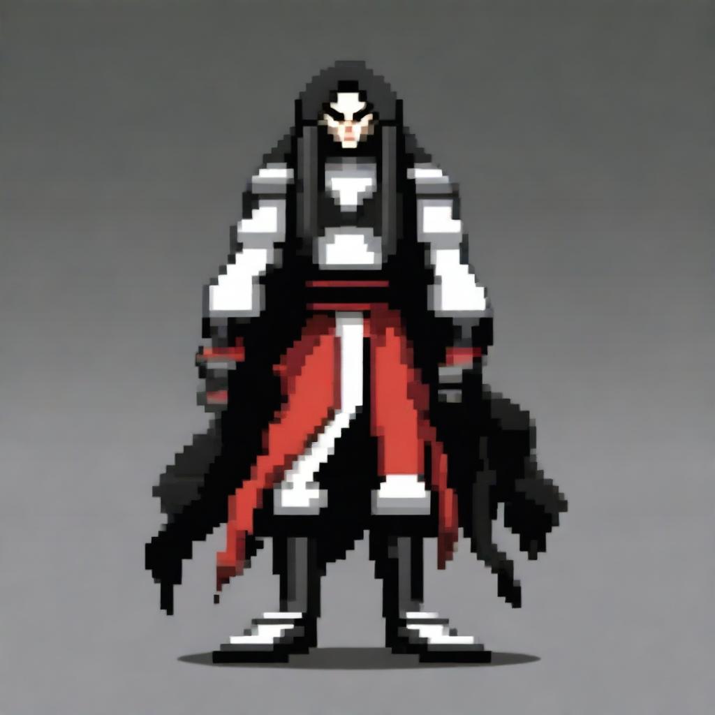 A character in an intimidating pose, wearing black, white, and red clothing