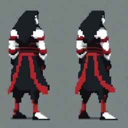 A character in an intimidating pose, wearing black, white, and red clothing