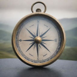 A compass with all cardinal directions faded, illustrating the concept of lost bearings on a backdrop of a sprawling misty landscape.