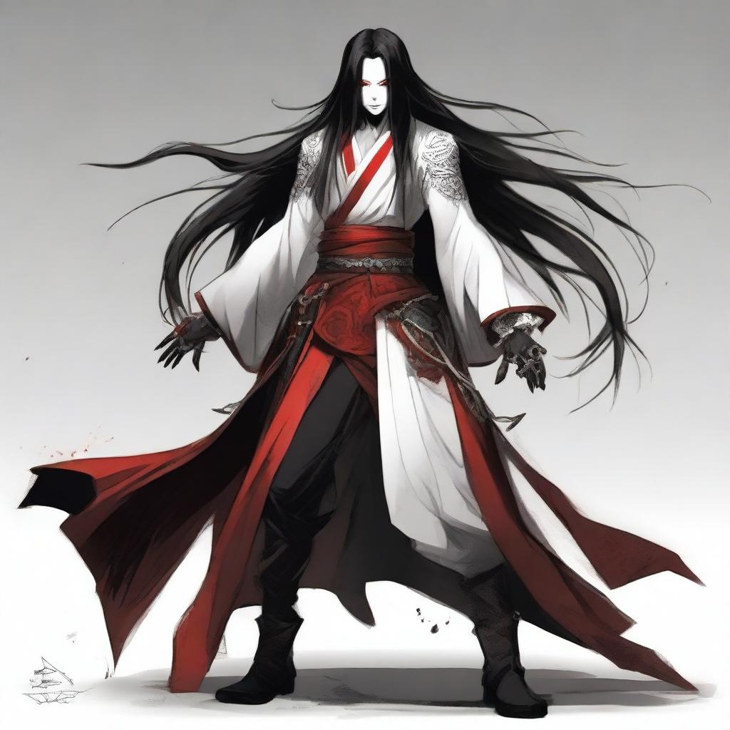 A character in an intimidating pose, wearing black, white, and red clothing