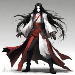 A character in an intimidating pose, wearing black, white, and red clothing