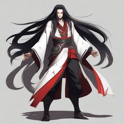 A character in an intimidating pose, wearing black, white, and red clothing