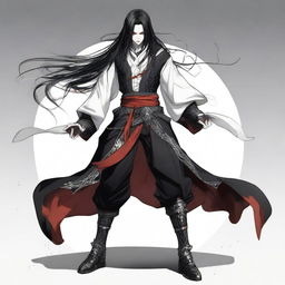 A character in an intimidating pose, wearing black, white, and red clothing