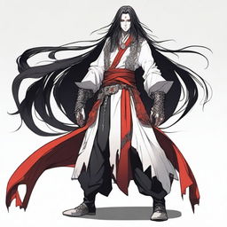 A character in an intimidating pose, wearing black, white, and red clothing