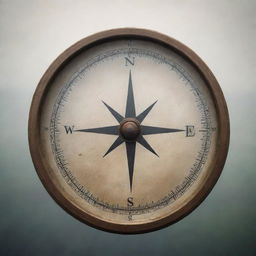 A compass with all cardinal directions faded, illustrating the concept of lost bearings on a backdrop of a sprawling misty landscape.