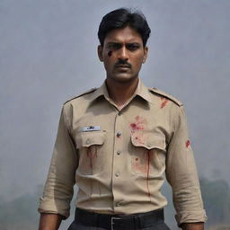 An Indian cop with further lengthened hair in a darker, ominous setting. His torn uniform sleeve and clothes covered in blood suggest his recent combat struggles, while his appearance bespeaks of stoicism and bravery