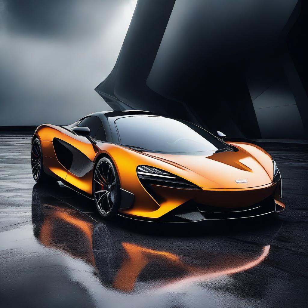 A sleek and futuristic McLaren Aruta surrounded by an ominous, dark environment