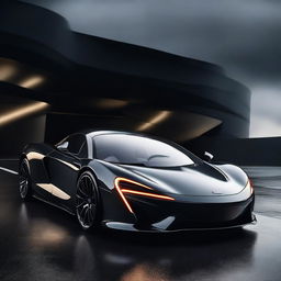 A sleek and futuristic McLaren Aruta surrounded by an ominous, dark environment