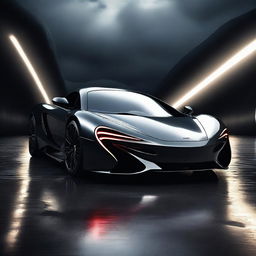 A sleek and futuristic McLaren Aruta surrounded by an ominous, dark environment