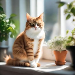 A cute and friendly domestic cat sitting on a windowsill with sunlight streaming in, surrounded by a few potted plants