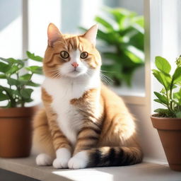 A cute and friendly domestic cat sitting on a windowsill with sunlight streaming in, surrounded by a few potted plants