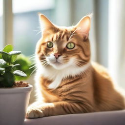 A cute and friendly domestic cat sitting on a windowsill with sunlight streaming in, surrounded by a few potted plants