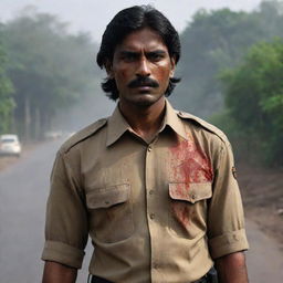 An Indian cop with further lengthened hair in a darker, ominous setting. His torn uniform sleeve and clothes covered in blood suggest his recent combat struggles, while his appearance bespeaks of stoicism and bravery