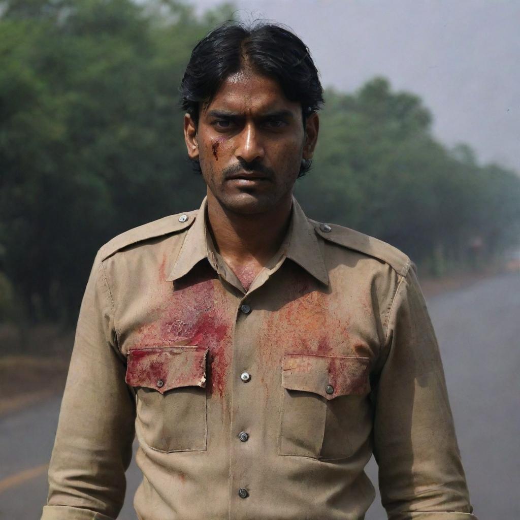 An Indian cop with further lengthened hair in a darker, ominous setting. His torn uniform sleeve and clothes covered in blood suggest his recent combat struggles, while his appearance bespeaks of stoicism and bravery