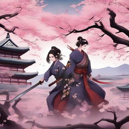 A fierce battle scene featuring a lady Japanese samurai in traditional armor, wielding a katana, fighting against a male ninja in dark attire