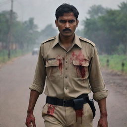 An Indian cop with further lengthened hair in a darker, ominous setting. His torn uniform sleeve and clothes covered in blood suggest his recent combat struggles, while his appearance bespeaks of stoicism and bravery