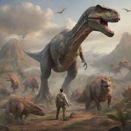 A brave man standing amidst various dinosaurs in a prehistoric landscape