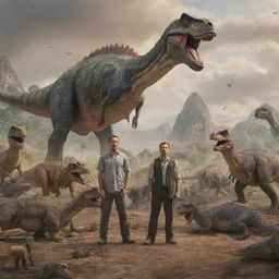 A brave man standing amidst various dinosaurs in a prehistoric landscape