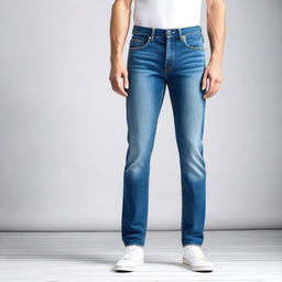 A stylish pair of high-waisted men's jeans displayed on a mannequin