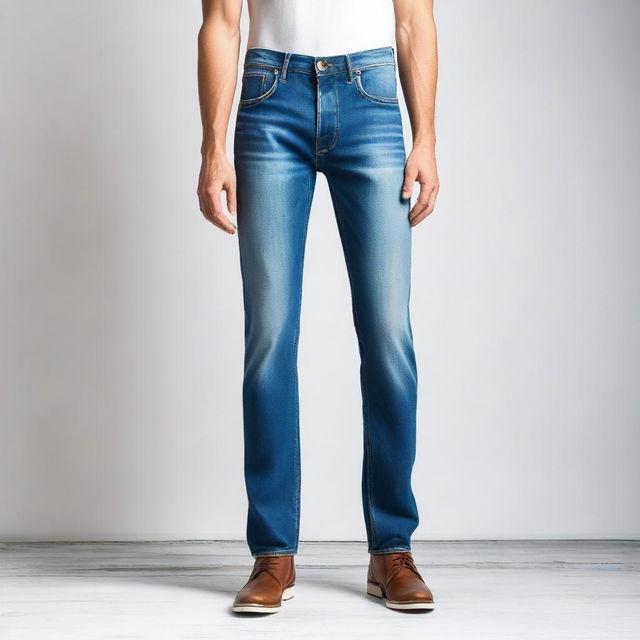 A stylish pair of high-waisted men's jeans displayed on a mannequin