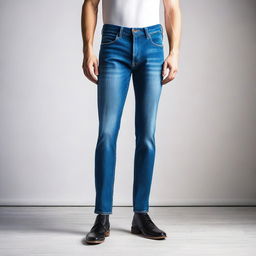 A stylish pair of high-waisted men's jeans displayed on a mannequin