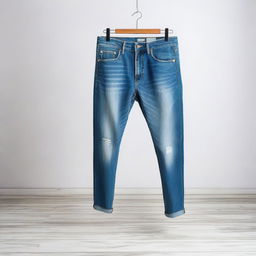 A stylish pair of high-waisted men's jeans displayed on a mannequin