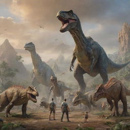 A brave man standing amidst various dinosaurs in a prehistoric landscape