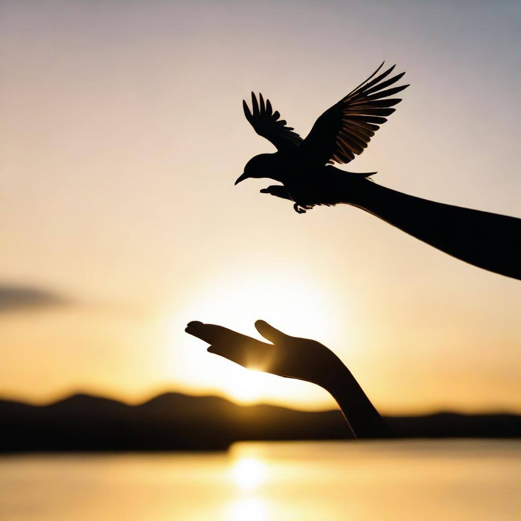 A silhouette of a bird flying away from an outstretched hand