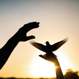 A silhouette of a bird flying away from an outstretched hand