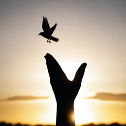 A silhouette of a bird flying away from an outstretched hand