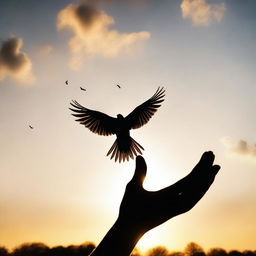 A silhouette of a bird flying away from an outstretched hand