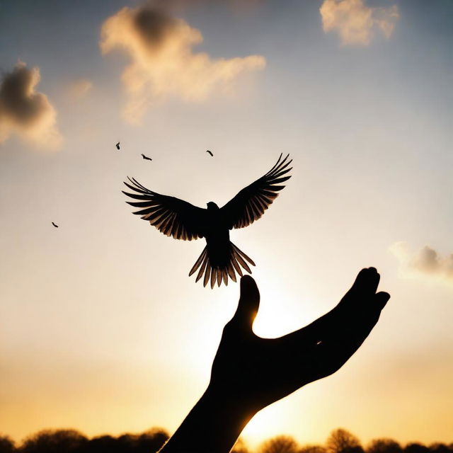 A silhouette of a bird flying away from an outstretched hand