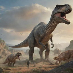 A brave man standing amidst various dinosaurs in a prehistoric landscape