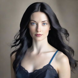 A full body portrait of a young woman in her thirties with long black hair, blue eyes, and fair skin