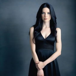 A full body portrait of a young woman in her thirties with long black hair, blue eyes, and fair skin