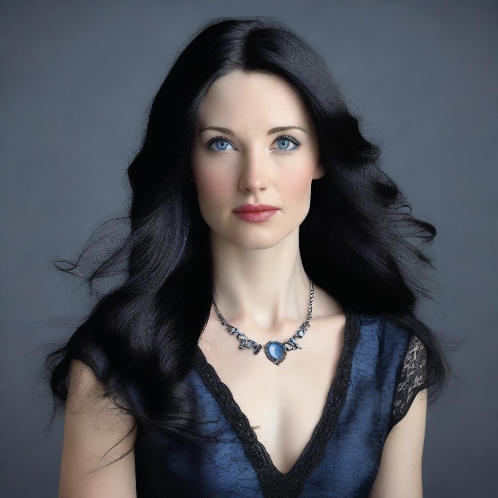 A full body portrait of a young woman in her thirties with long black hair, blue eyes, and fair skin