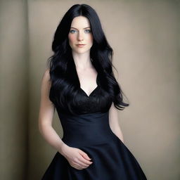 A full body portrait of a young woman in her thirties with long black hair, blue eyes, and fair skin