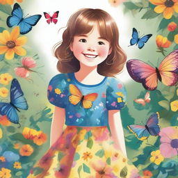 A detailed illustration of a young girl with a bright smile, wearing a colorful dress, standing in a beautiful garden filled with flowers and butterflies