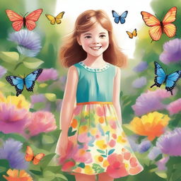 A detailed illustration of a young girl with a bright smile, wearing a colorful dress, standing in a beautiful garden filled with flowers and butterflies