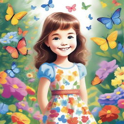 A detailed illustration of a young girl with a bright smile, wearing a colorful dress, standing in a beautiful garden filled with flowers and butterflies