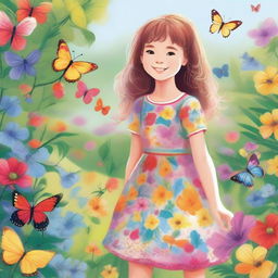 A detailed illustration of a young girl with a bright smile, wearing a colorful dress, standing in a beautiful garden filled with flowers and butterflies