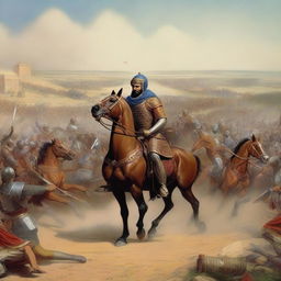 A detailed historical scene depicting the Battle of Ain Jalut in 1260, featuring Sultan Qutuz of Egypt and his wife Gulnar