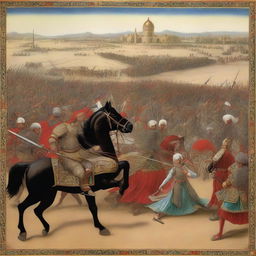 A detailed historical scene depicting the Battle of Ain Jalut in 1260, featuring Sultan Qutuz of Egypt and his wife Gulnar