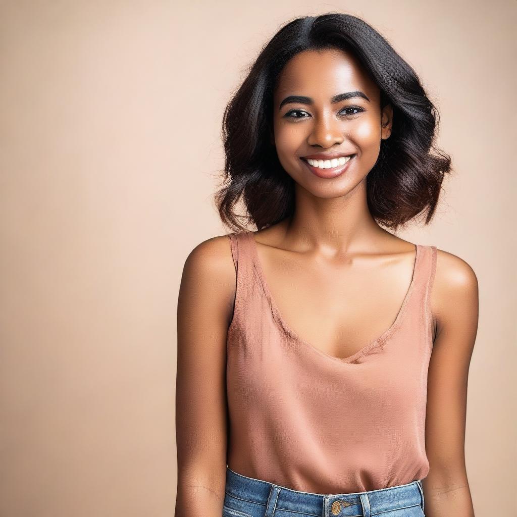 A photo of a young woman posing confidently in a stylish outfit