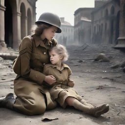 A dramatic scene set during World War II, depicting a young girl fainting in a soldier's arms