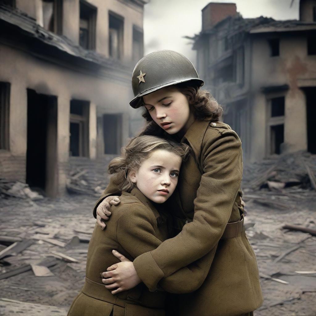 A dramatic scene set during World War II, depicting a young girl fainting in a soldier's arms