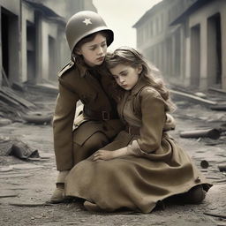 A dramatic scene set during World War II, depicting a young girl fainting in a soldier's arms