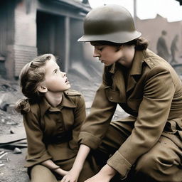 A dramatic scene set during World War II, depicting a young girl fainting in a soldier's arms